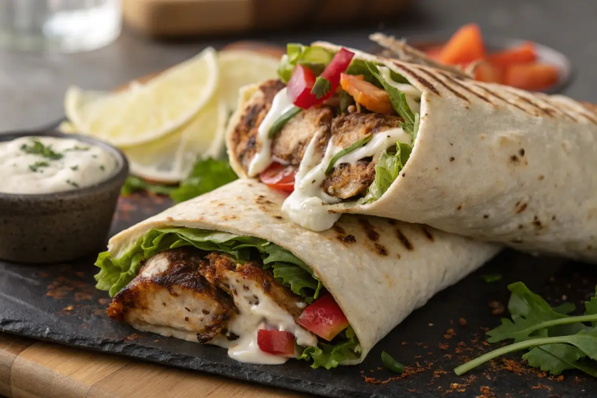 Jamaican jerk chicken wrap with grilled chicken and vegetables