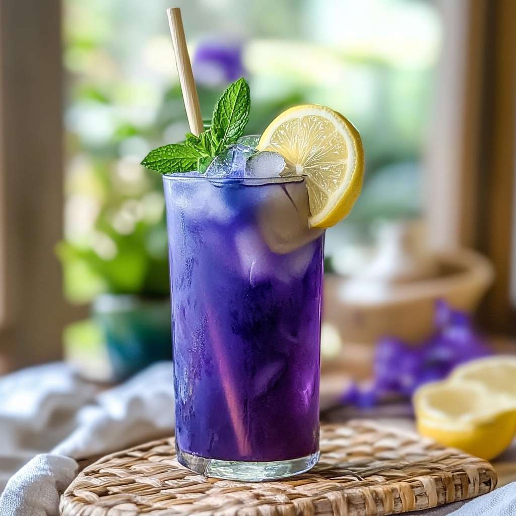 iced butterfly pea flower tea with lemon