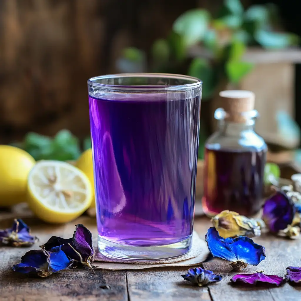 Vibrant glass of Homemade Mounjaro Recipe with butterfly pea flowers
