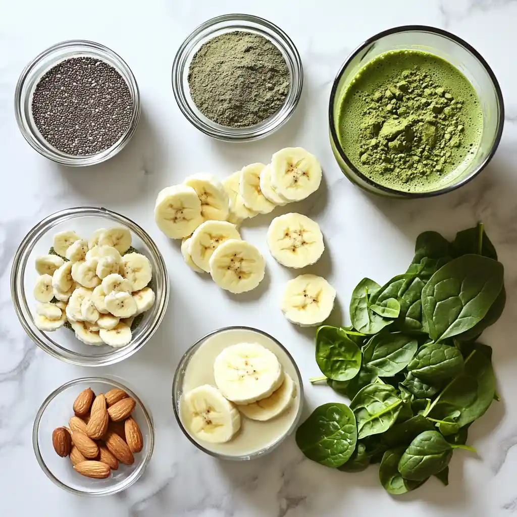 Ingredients for matcha green tea smoothie recipe