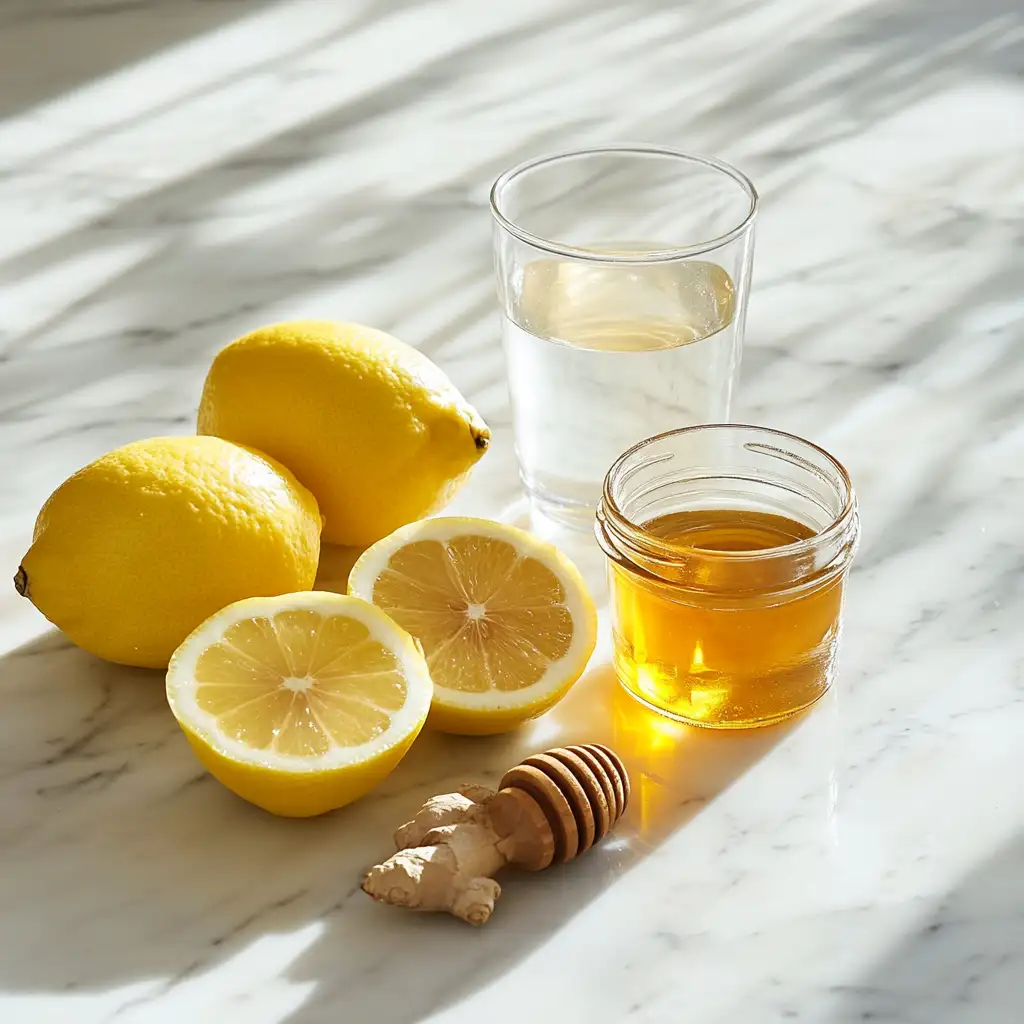 Ingredients for Mounjaro recipe – lemon, ginger, honey, and water.