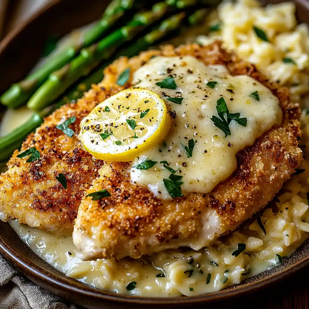 Parmesan crusted chicken served with lemon orzo