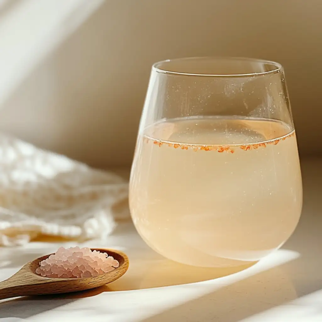 Pink Salt Morning Tonic glass on kitchen counter